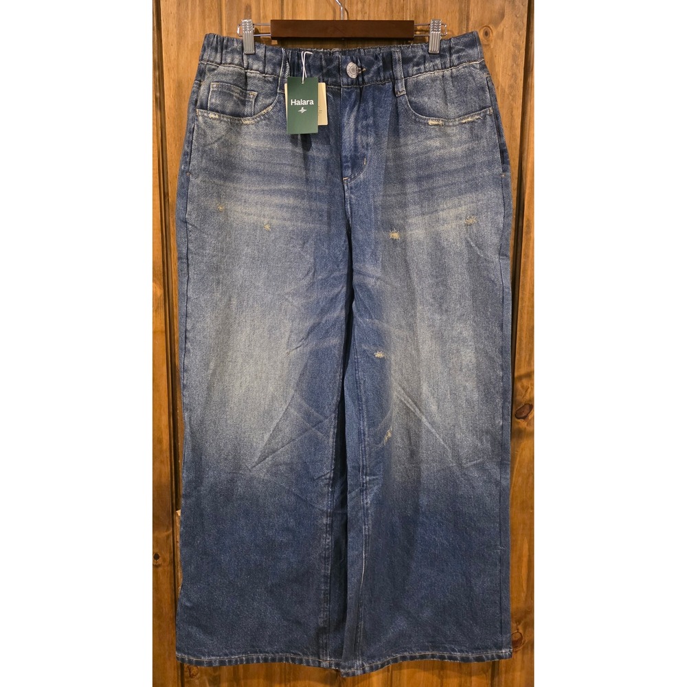Halara Wide Leg Jeans Women XL Blue New Distressed Elastic Waist Denim